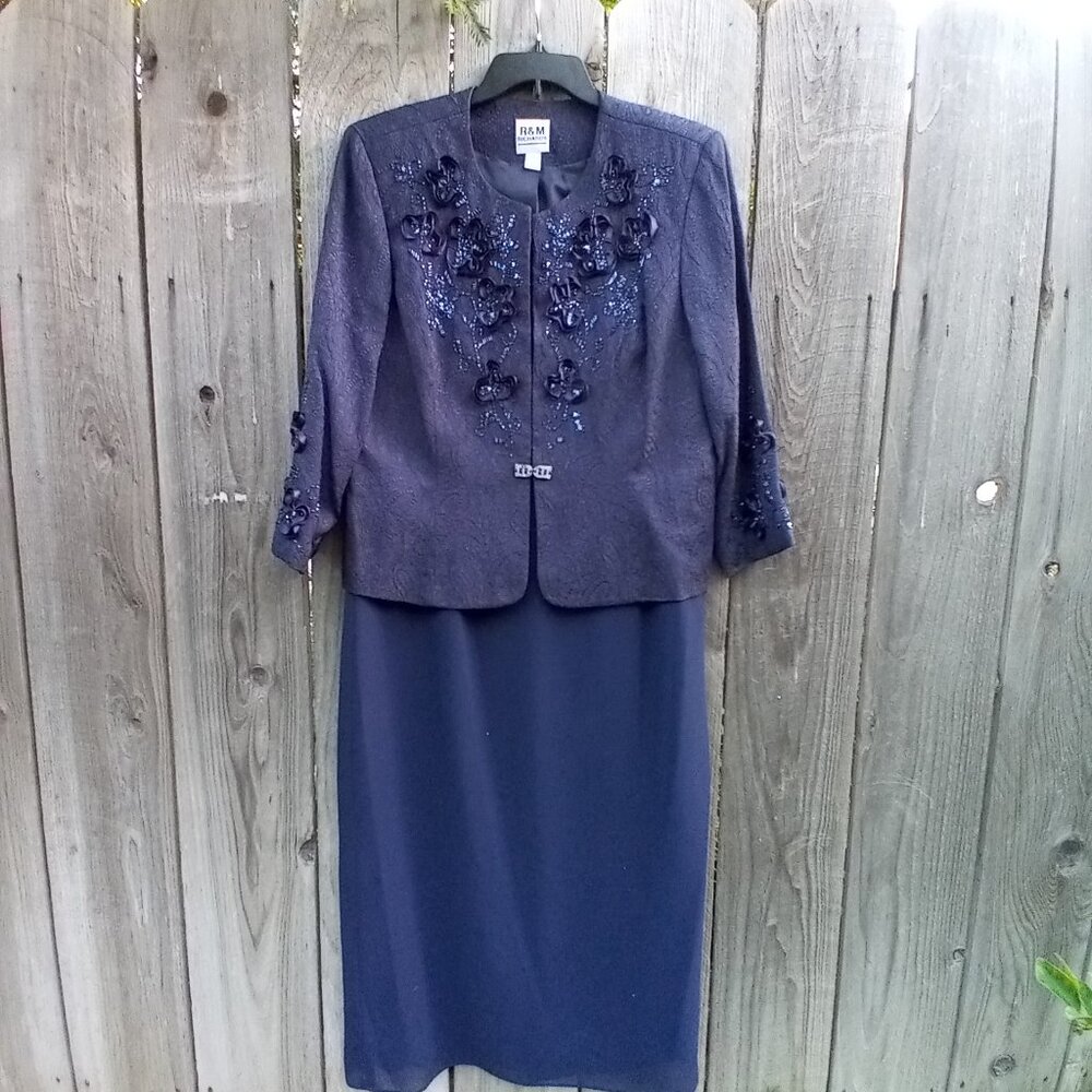 R&M Richards Navy Blue Two-Pieces Jacket Dress 18 Beaded Sheath Maxi Dress